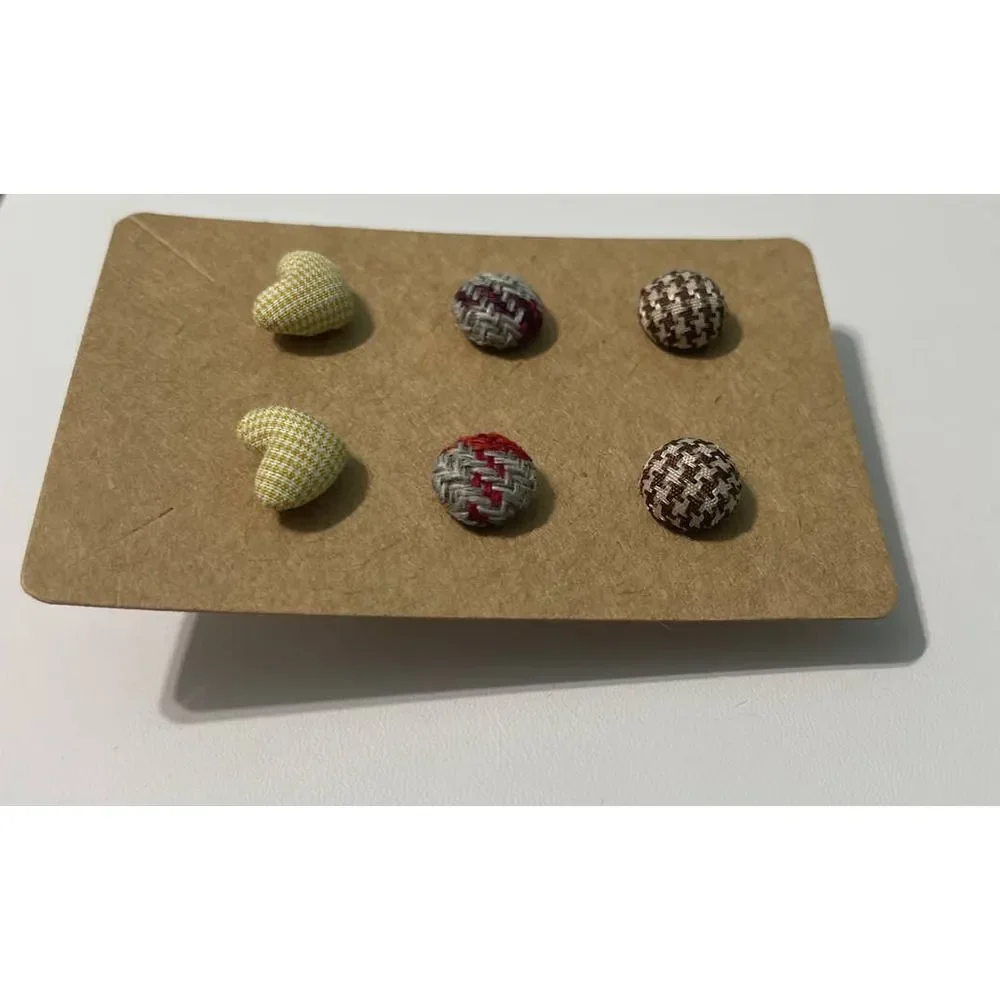 Fabric Covered Button Earring‎ Stud Set Plaid Brown